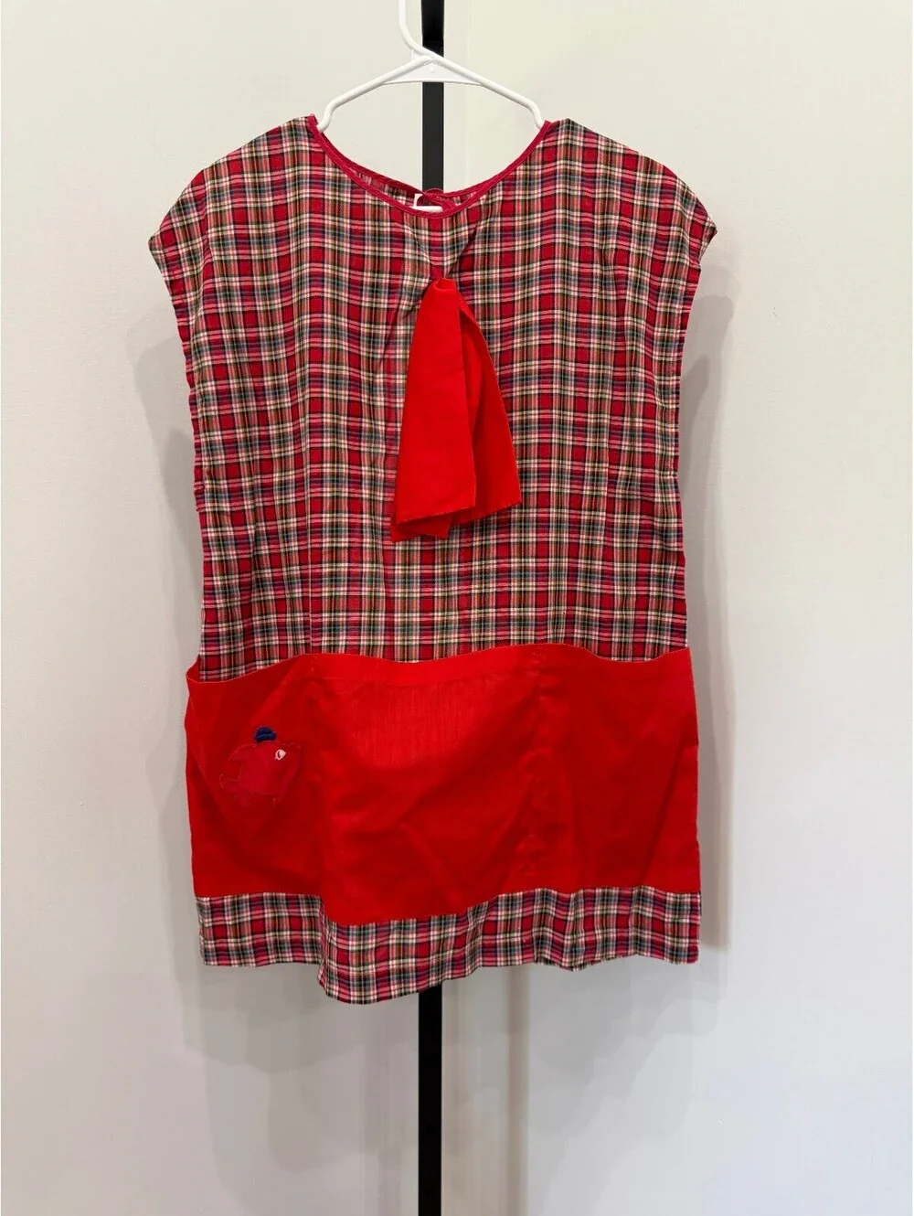 Vintage Red Plaid Apron with Red Accent and Embroidered Fish Pocket